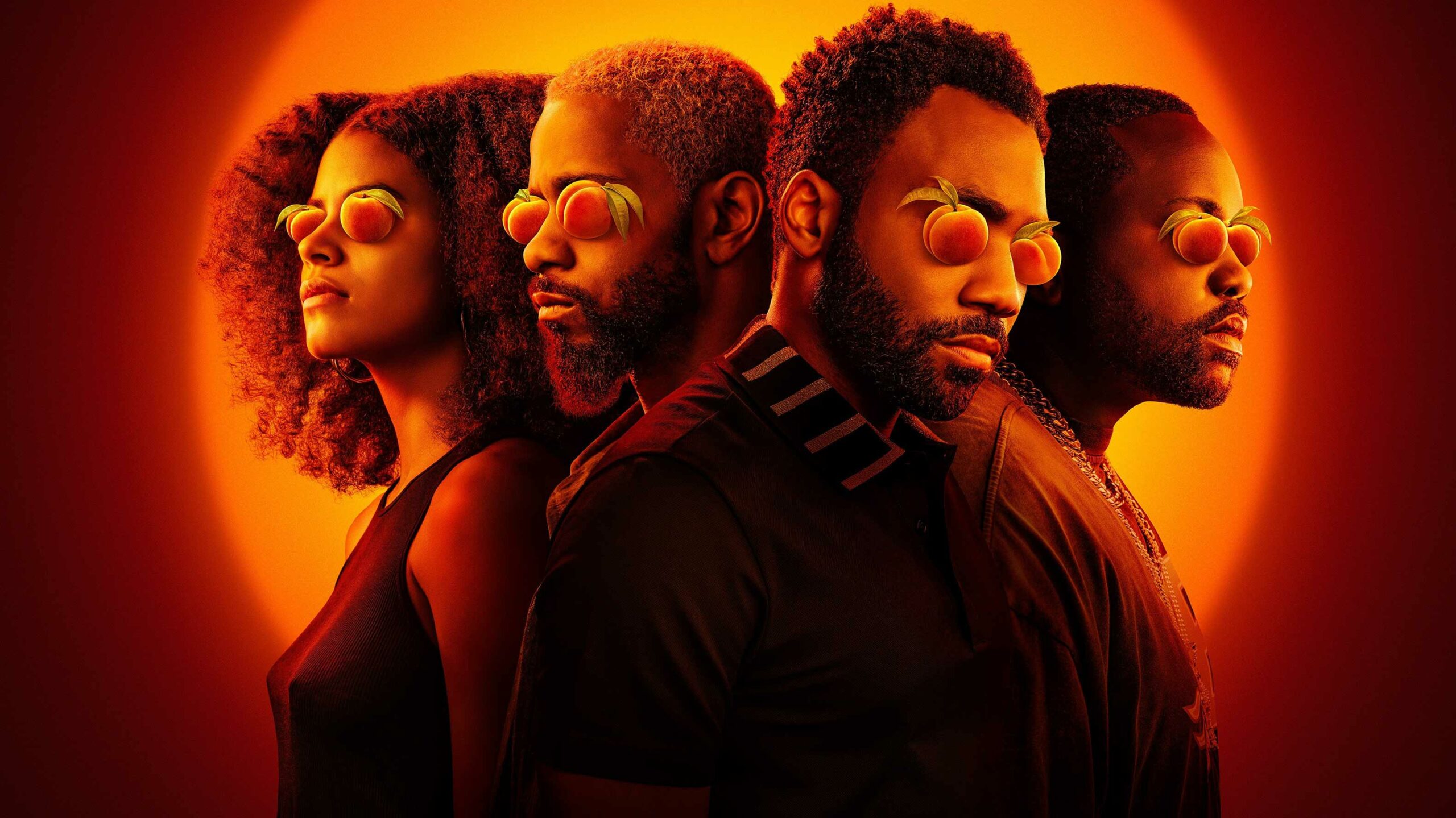 Atlanta Season 4 key art featuring, from left to right, Zazie Beetz, Lakeith Stanfield, Donald Glover and Brian Tyree Henry. They are all wearing peaches over their eyes.