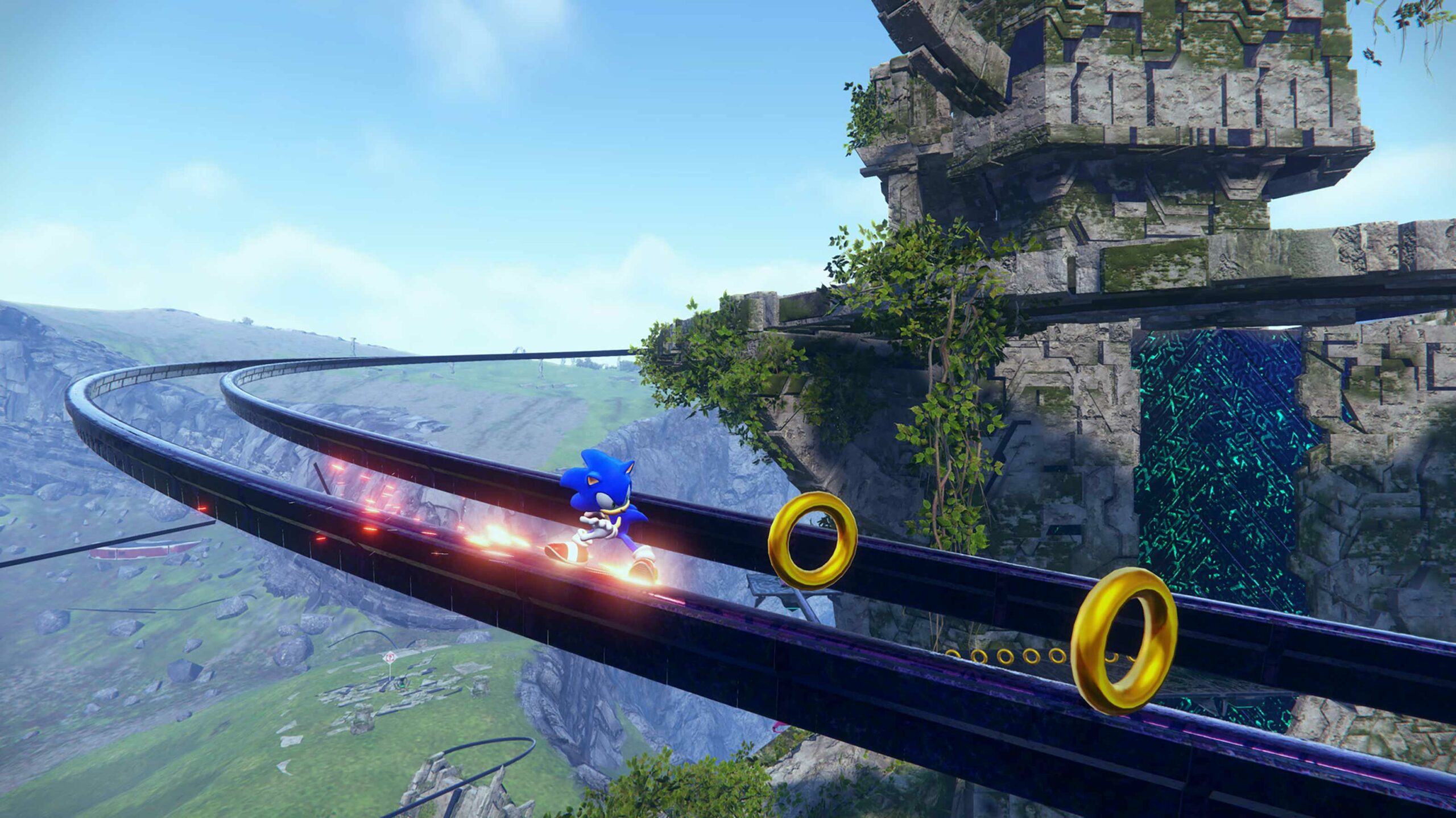 Sonic is grinding on a rail in Sonic Frontiers.