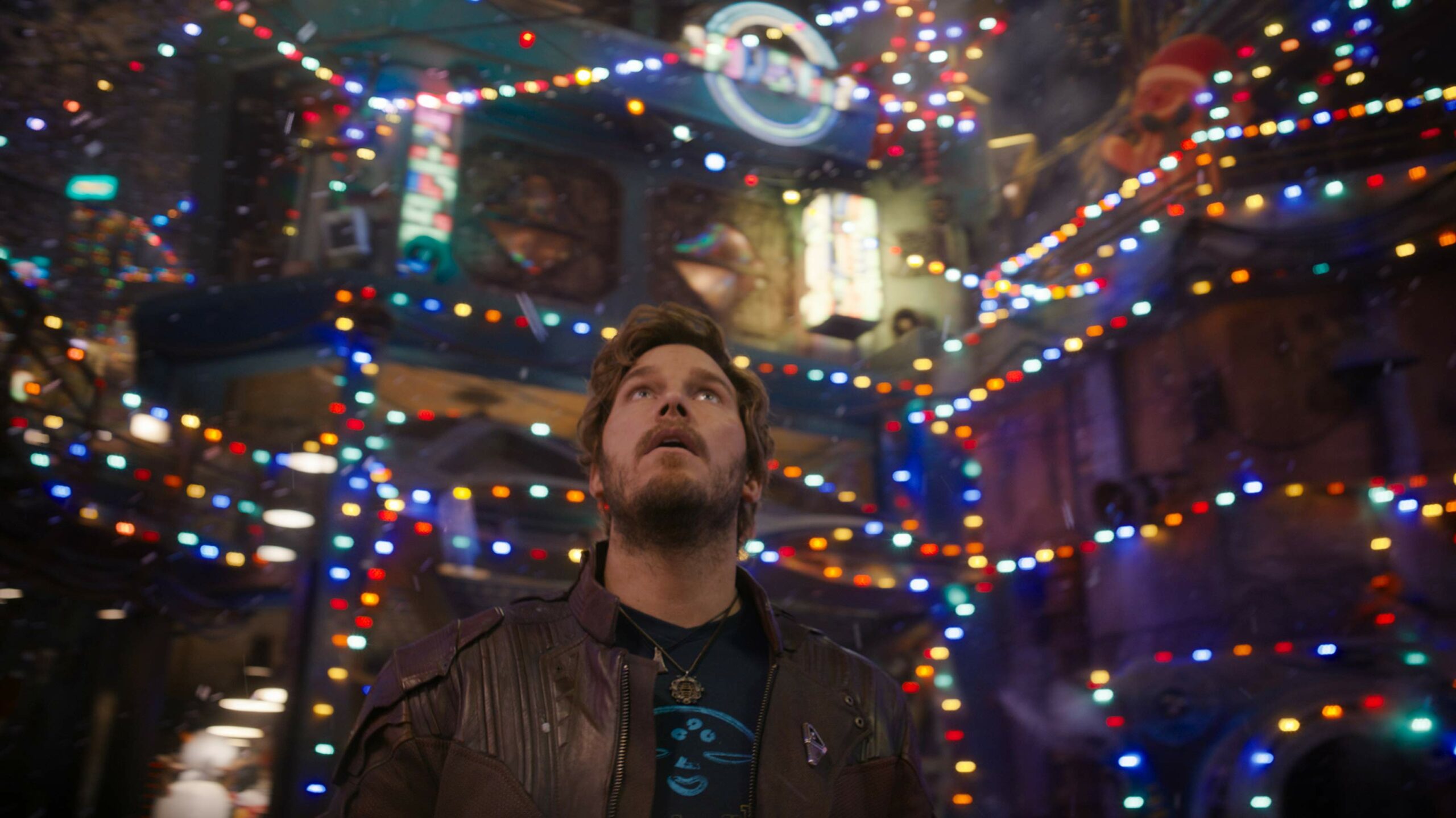 Star-Lord stares in awe at Christmas decorations in The Guardians of the Galaxy Holiday Special.