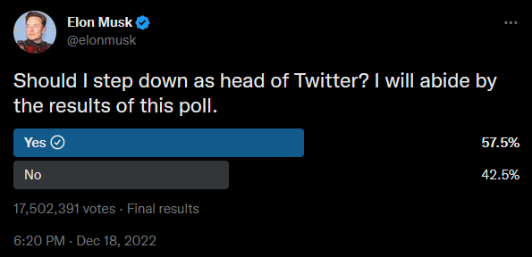 Elon Musk's Twitter poll asking if he should step down.