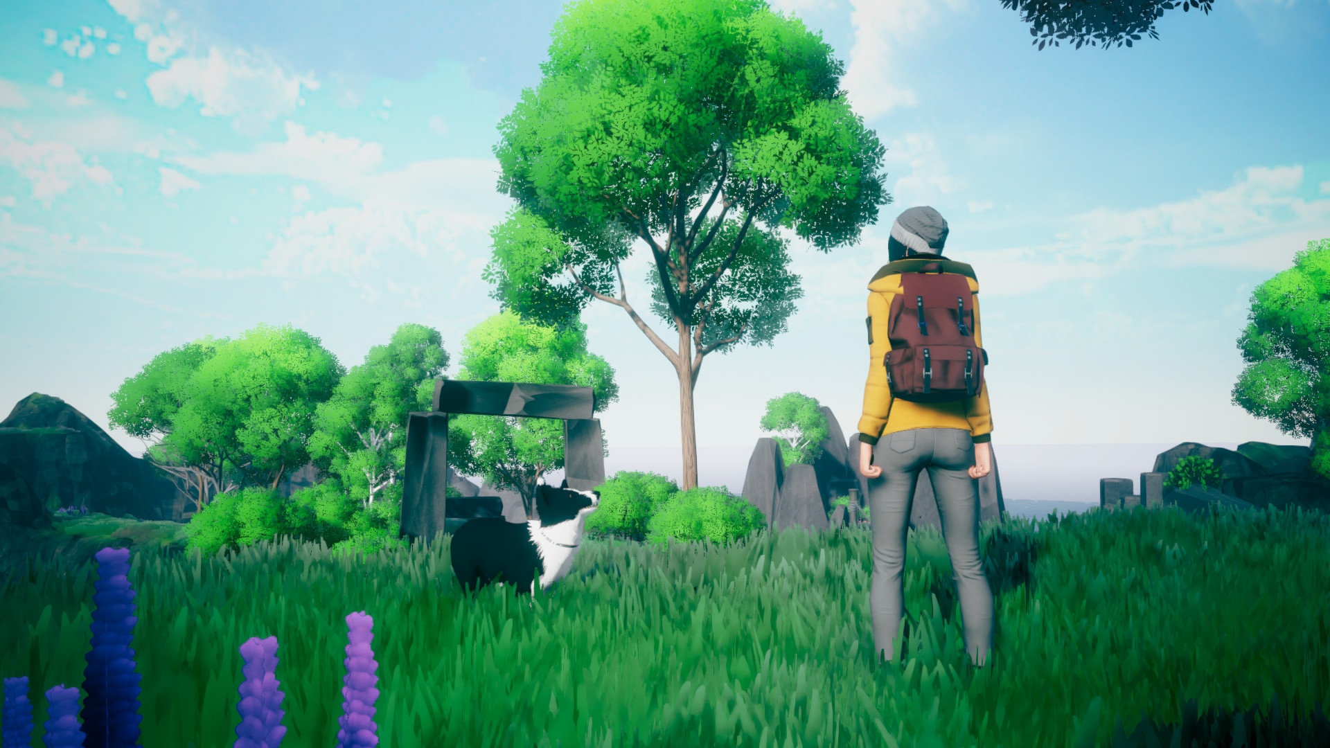 A Border Collie and woman stand in a field in the video game Farewell North