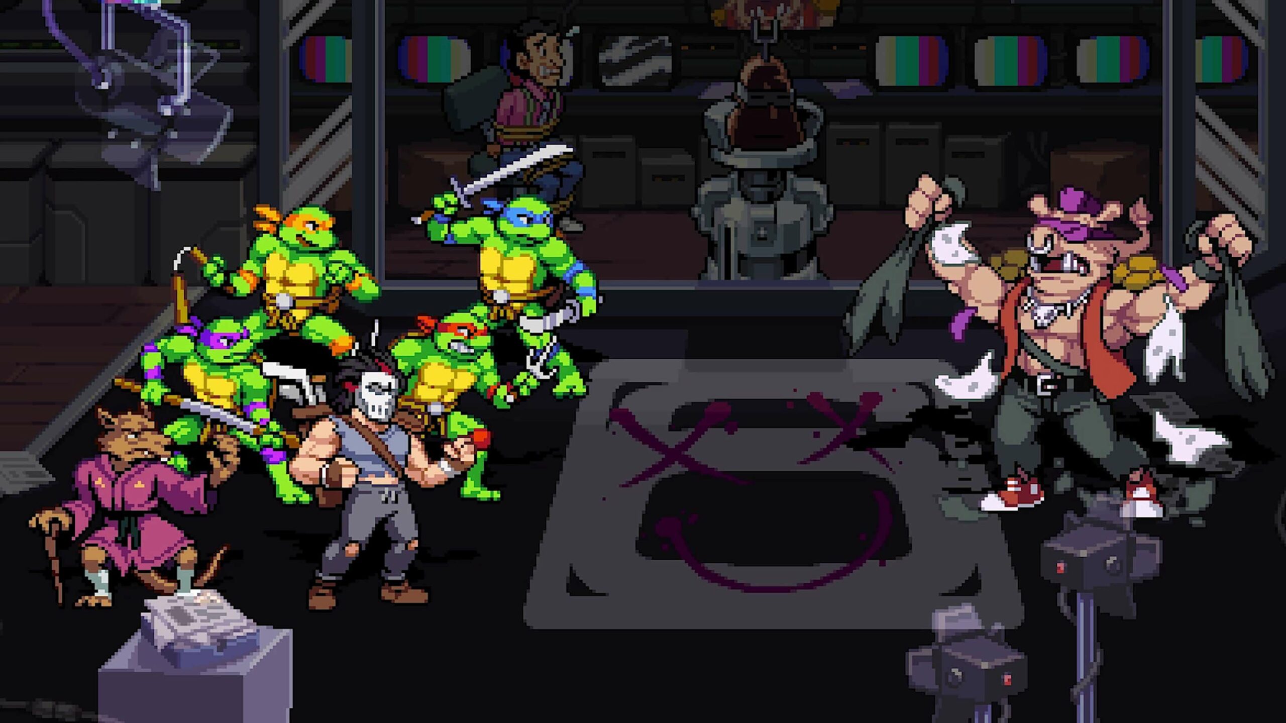 The Turtles fight Bebop in TMNT: Shredder's Revenge