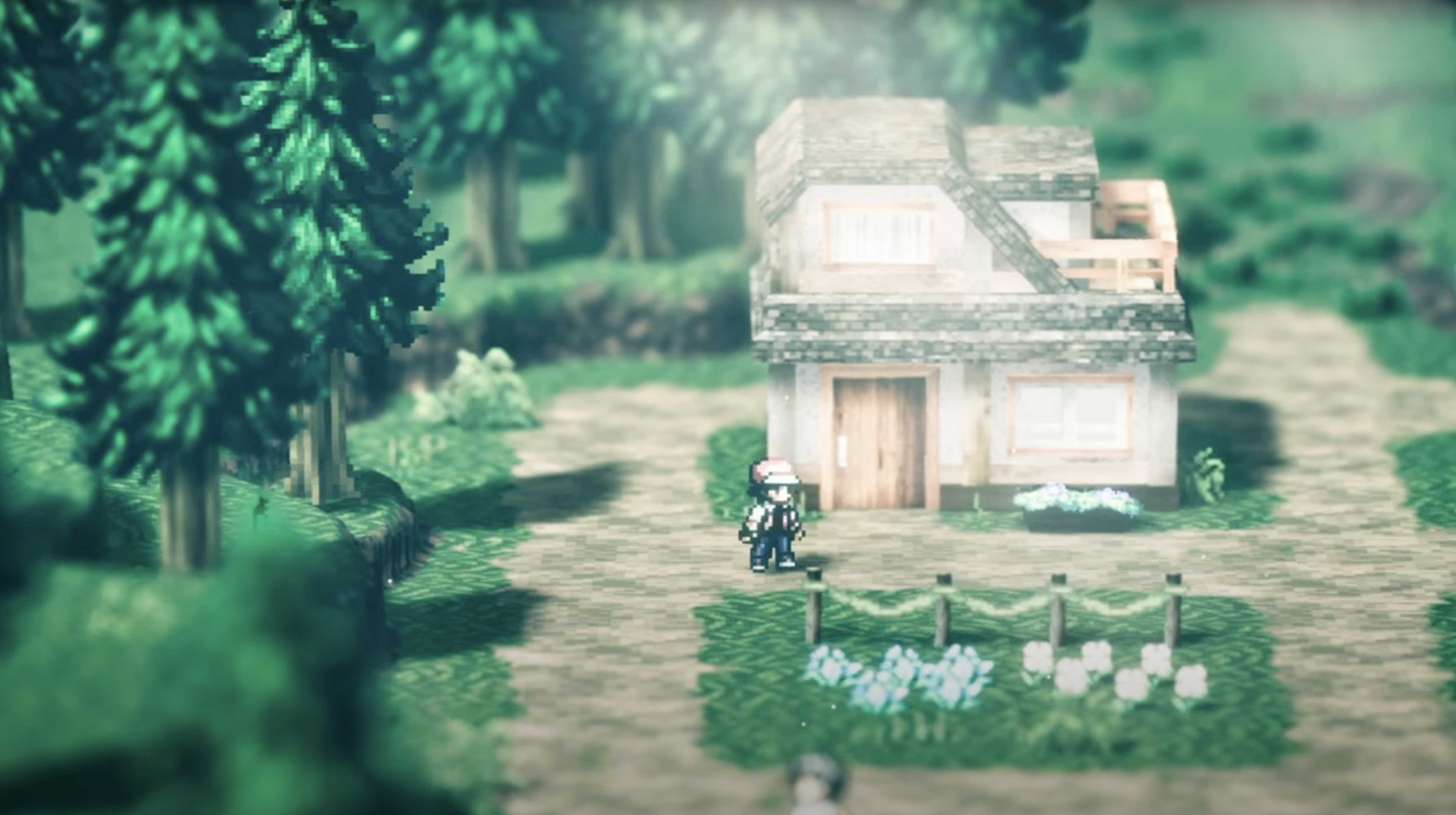 Pallet Town in the HD 2D aesthetic.
