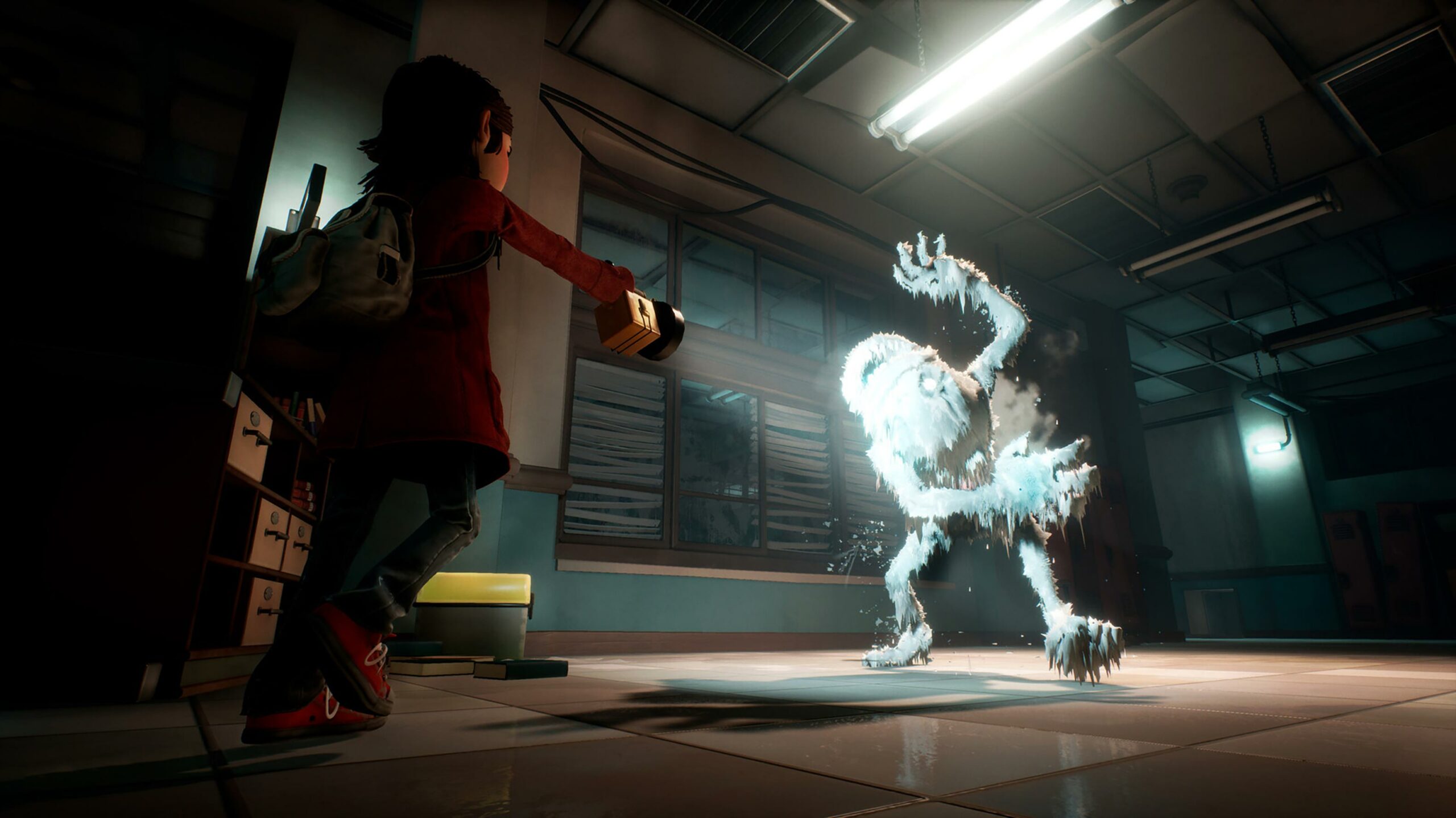 In the game Gylt, a teenage girl is shining her flashlight on a creature to freeze it.