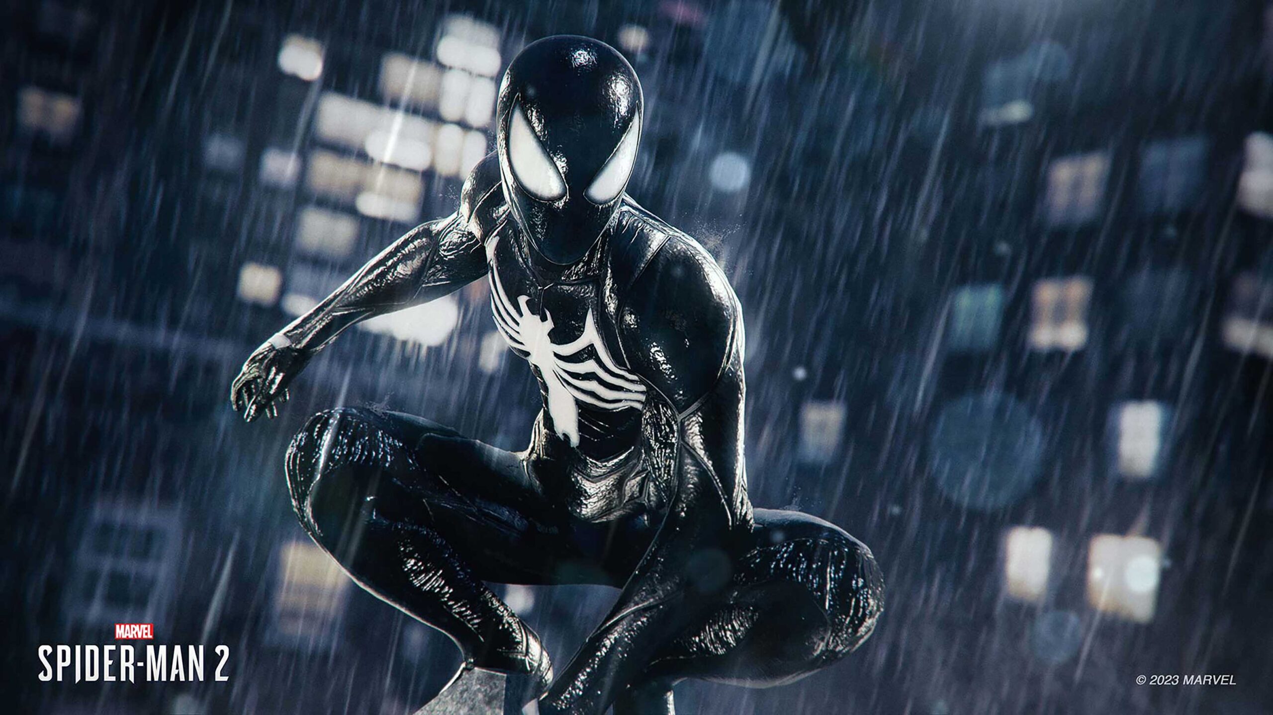 Marvel's Spider-Man 2 symbiote Spidey in rain