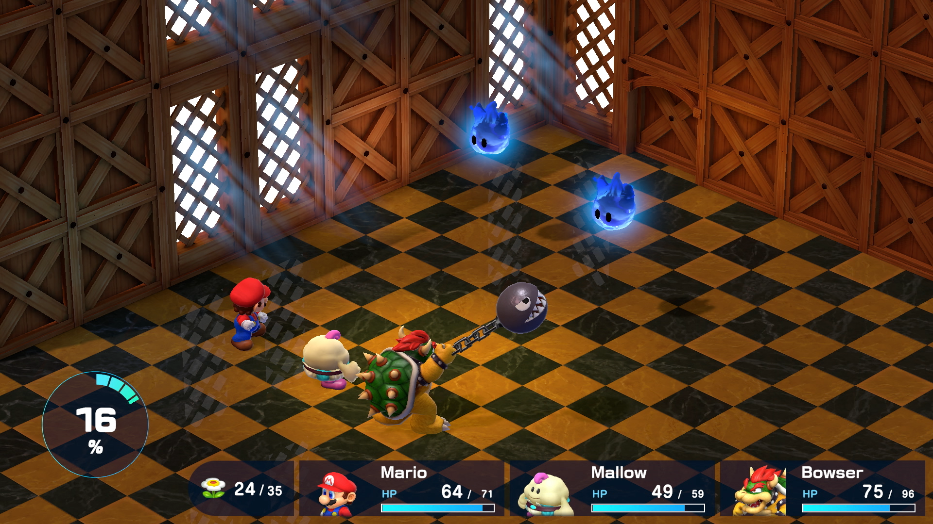 Super Mario RPG combat Mario Mallow and Bowser