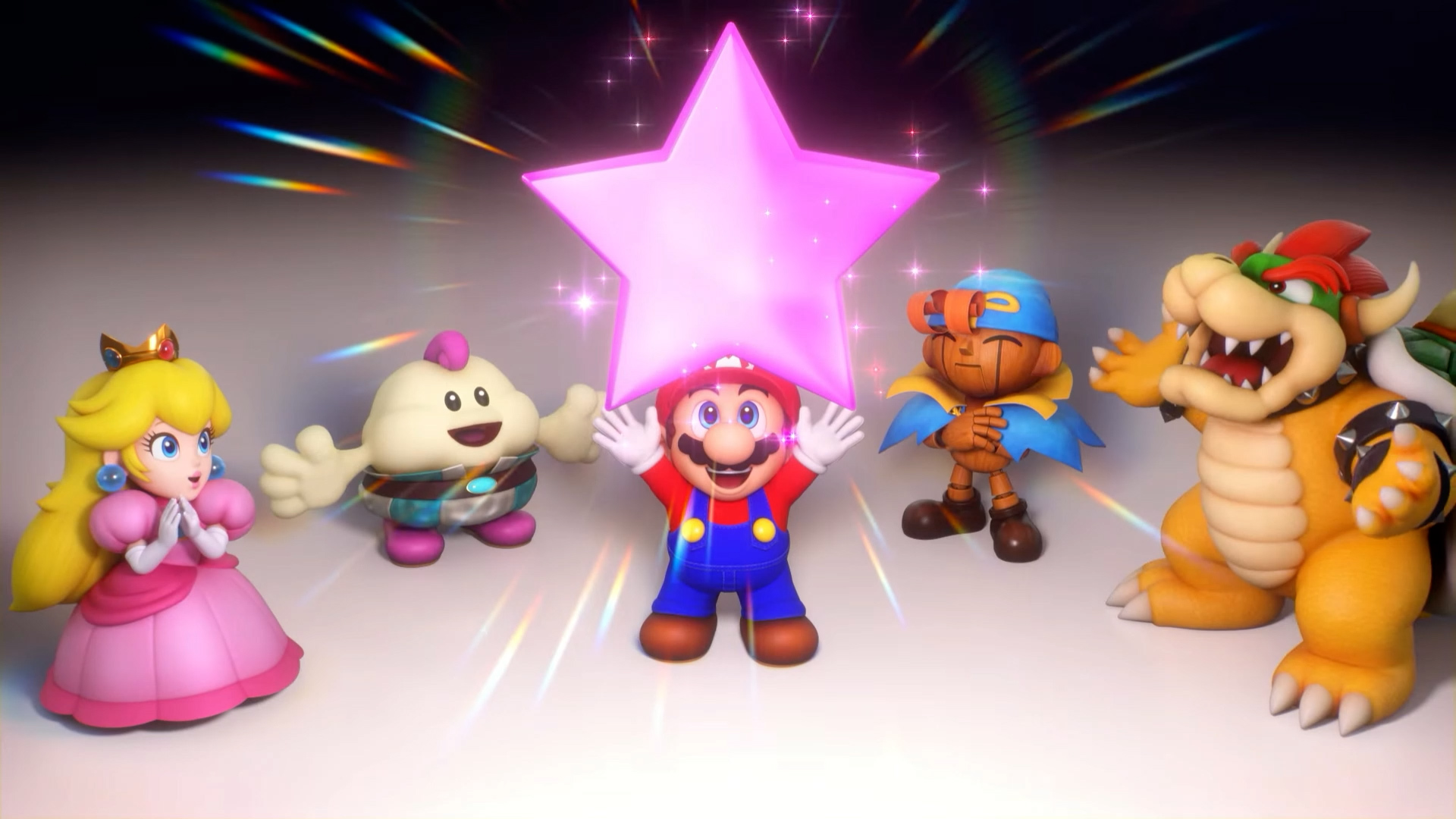 Super Mario RPG Mario holding star with Peach, Mallow, Geno and Bowser