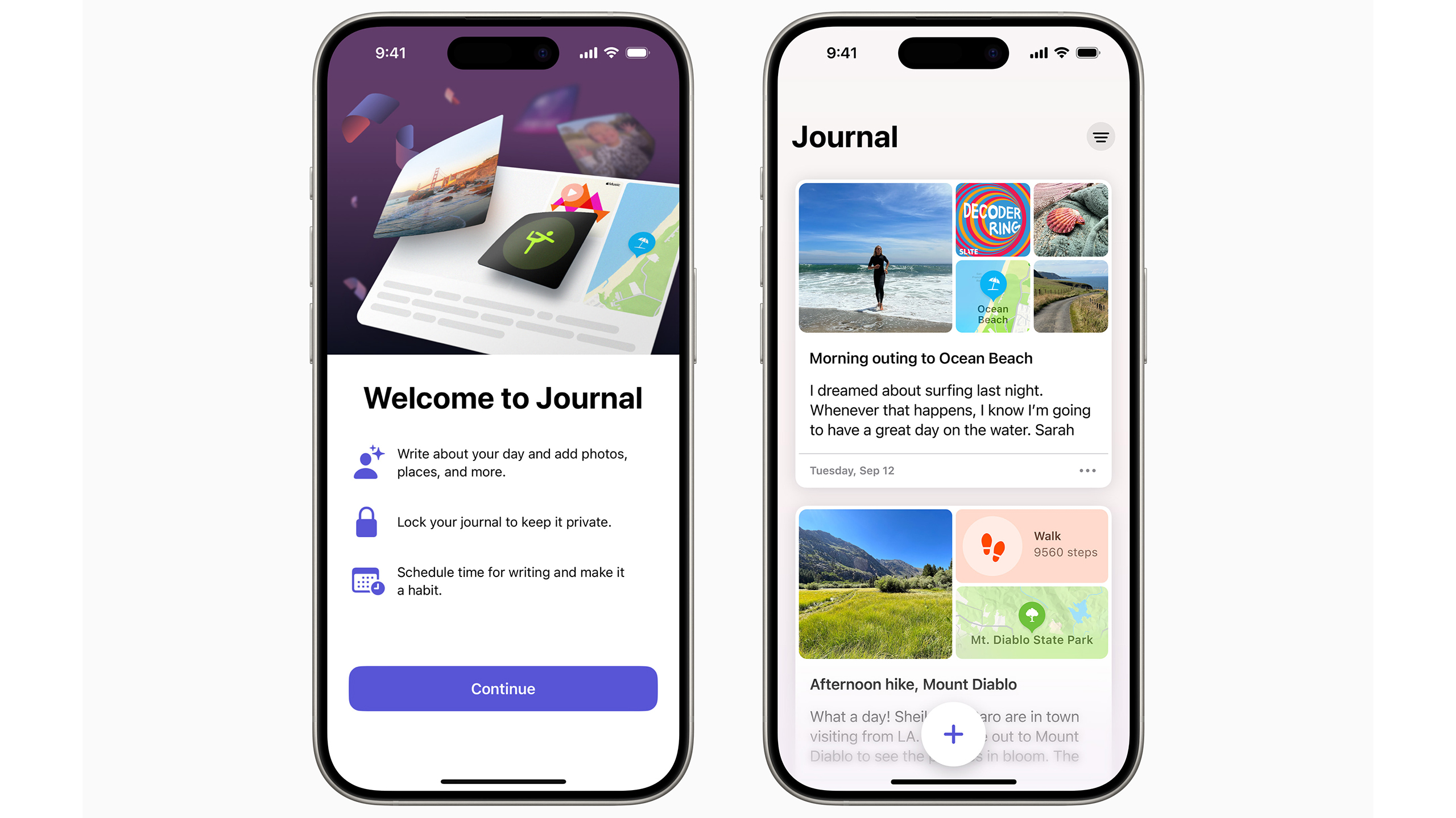 Apple's Journal app, displayed on two phones side-by-side.