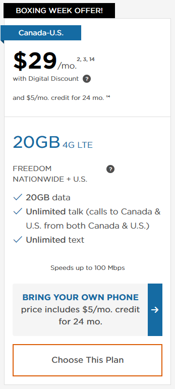 Freedom rolls out $29/20GB 4G Canada-U.S. Boxing Week plan