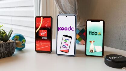 Virgin Plus, Koodo and Fido logos on smartphones.