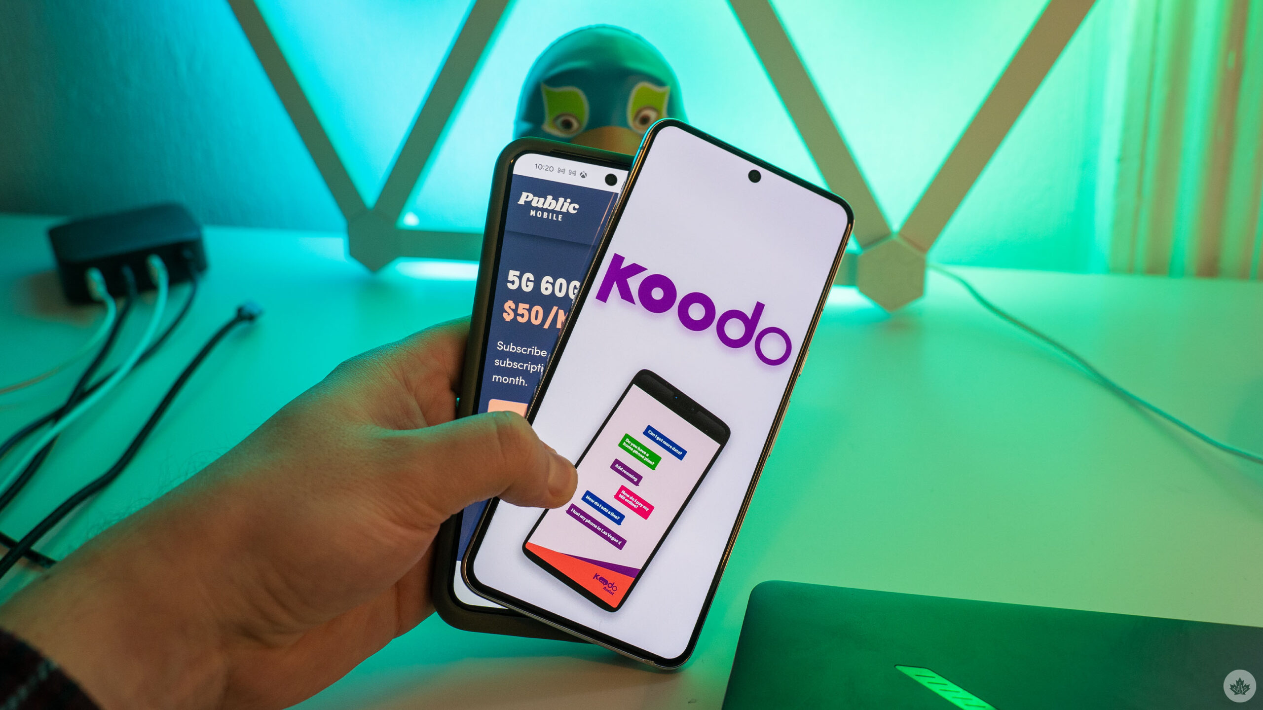 Koodo and Public Mobile logos on smartphones.